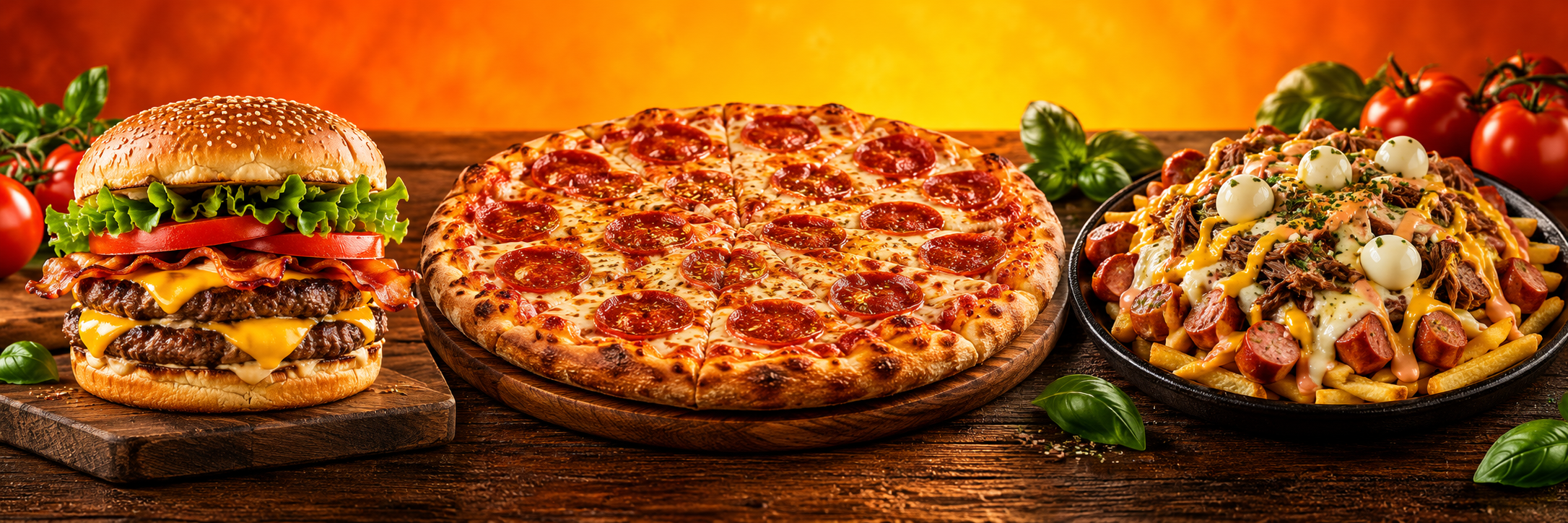 Pizza, hamburguesa y salchipapas, imagen ilustrativa