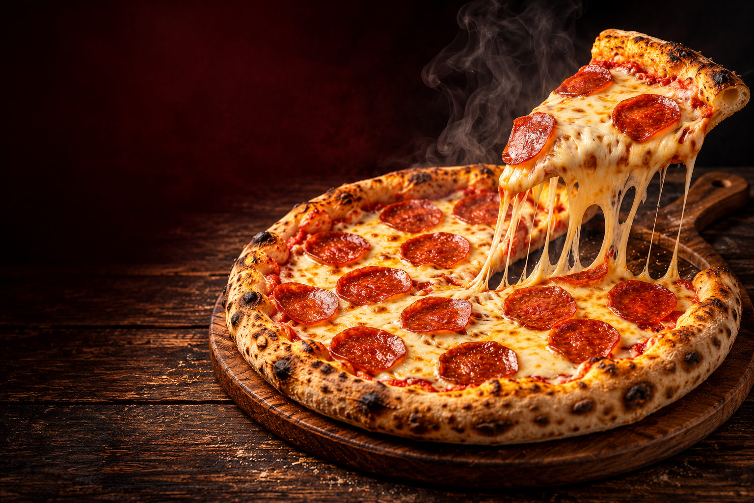 Pizza de pepperoni con una porción levantada y queso fundido